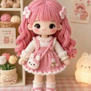 Búp bê len handmade tóc hồng (amigurumi)