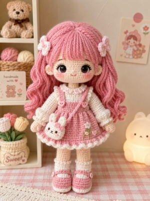 Búp bê len handmade tóc hồng (amigurumi)